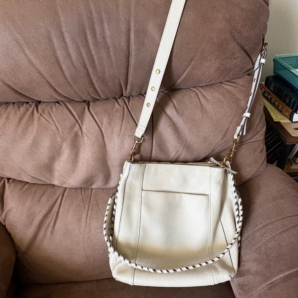Cream Leather Shoulder Bag with Braided Accent